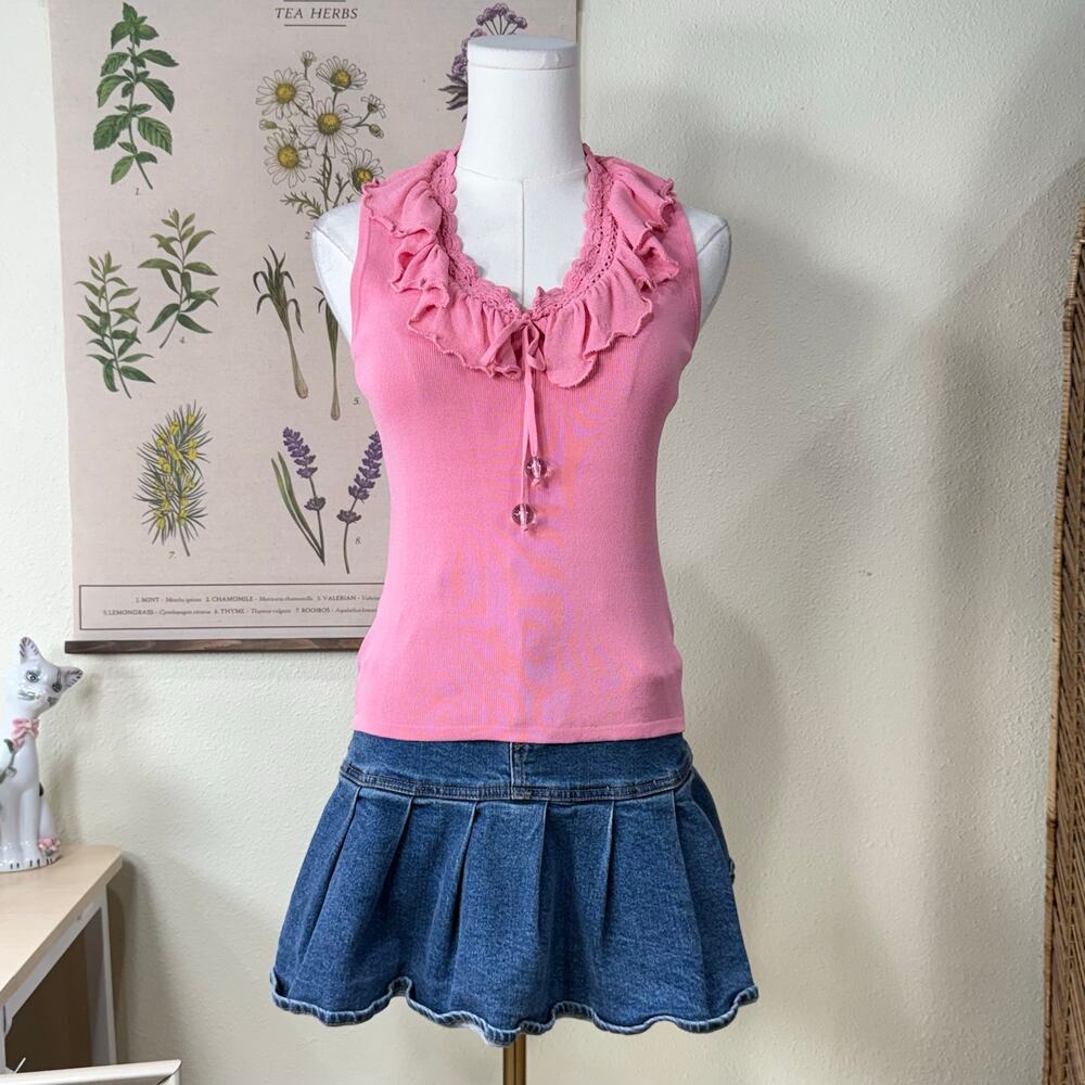 90s Y2k Ruffle Collar Crochet Trim Top Coquette Dollette Dolly Femme Cutecore S